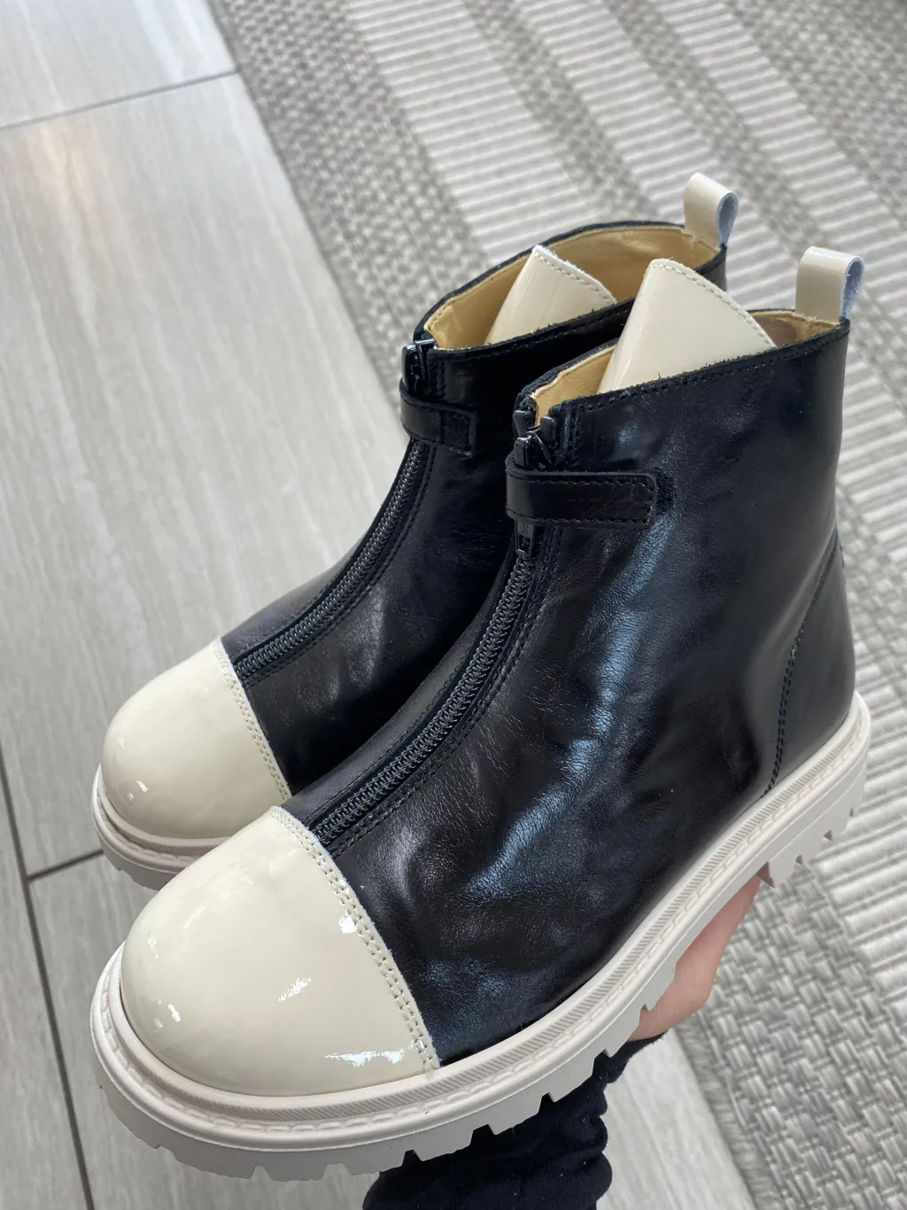 Andanines Black and White Captoe Zipper Bootie Clearance