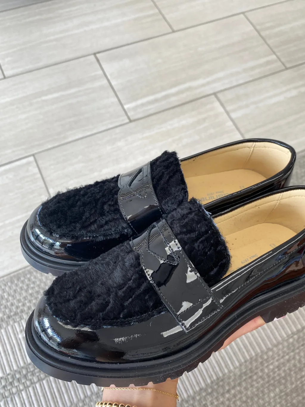 Andanines Black Patent Shearling Penny Loafer New