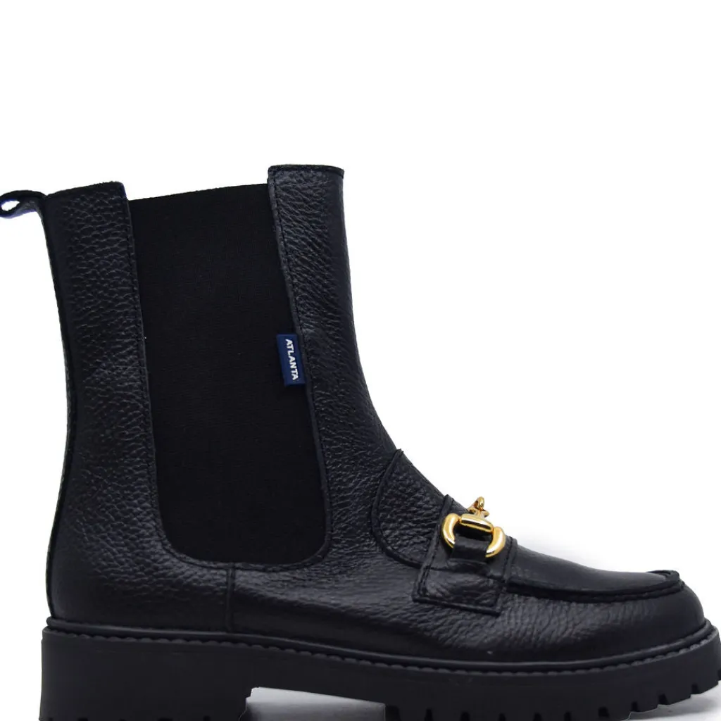 Atlanta Mocassin Black Bebbled Buckle Boot New
