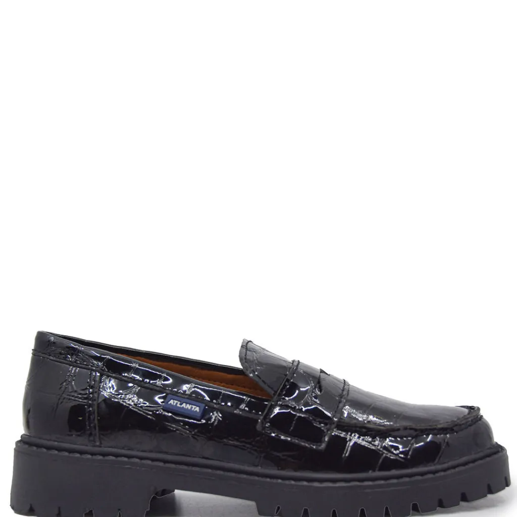 Atlanta Mocassin Black Patent Croc Chunky Penny Loafer New
