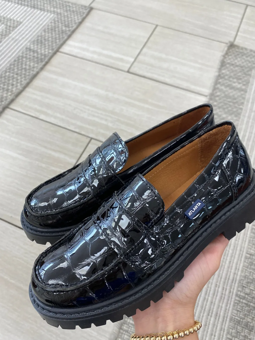 Atlanta Mocassin Black Patent Croc Chunky Penny Loafer New