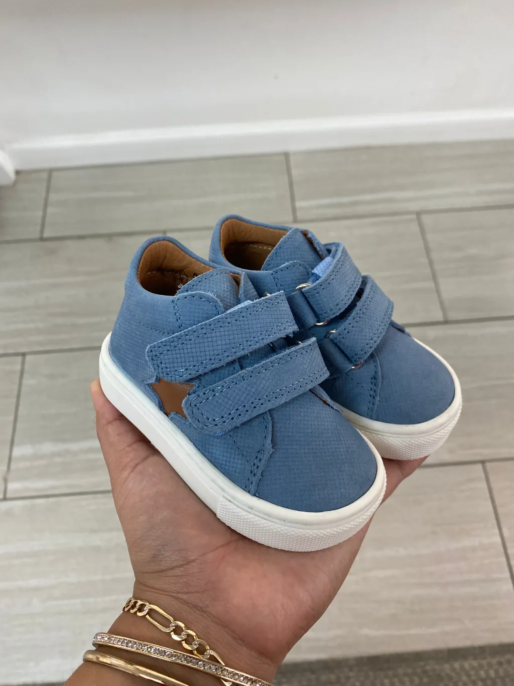 Atlanta Mocassin Blue Nubuck Star Velcro Baby Sneaker Sale