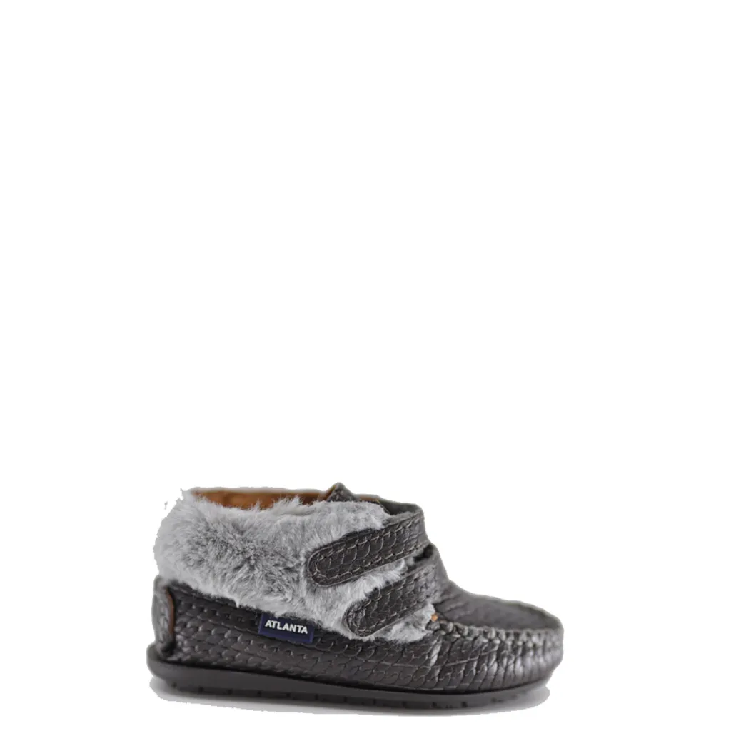 Atlanta Mocassin Gray Weave and Fur Baby Bootie New
