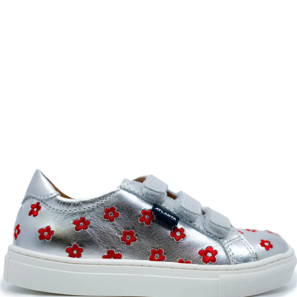 Atlanta Mocassin Silver and Red Flower Velcro Sneaker New