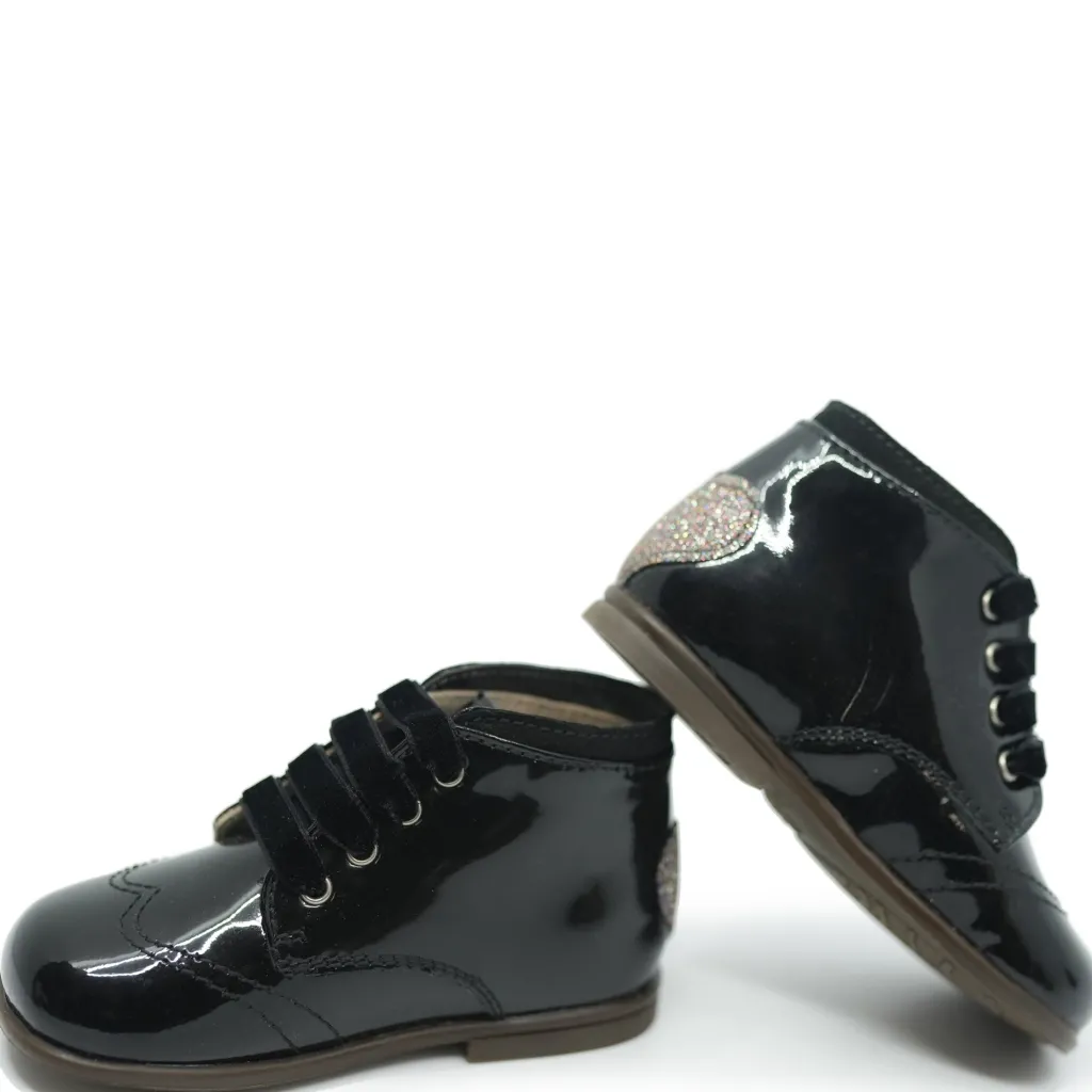 Beberlis Black Patent Glitter Heart Baby Bootie Clearance