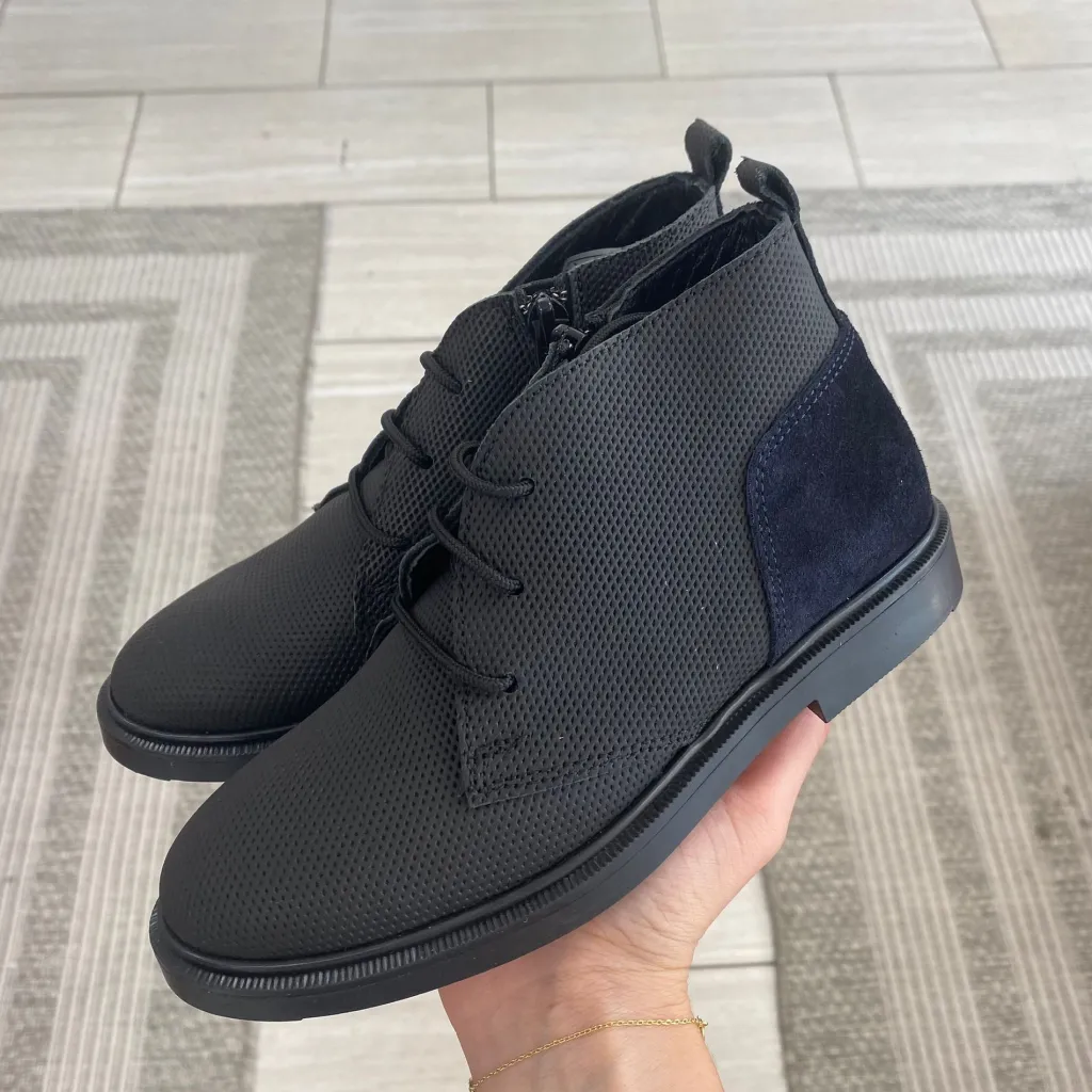 BluBlonc Black and Navy Rubber Dress Bootie Sale