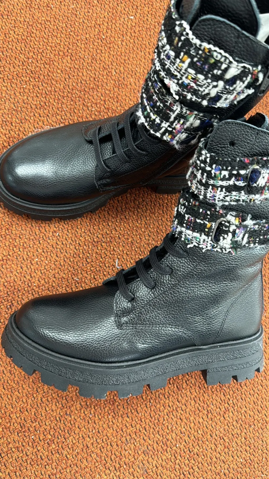 BluBlonc Black Leather Tweed Velcro Boot New
