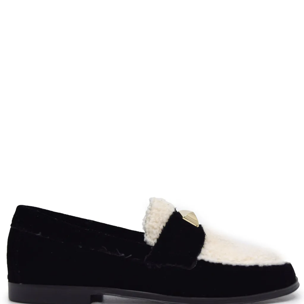 BluBlonc Black Velvet and Shearling Stud Loafer Clearance