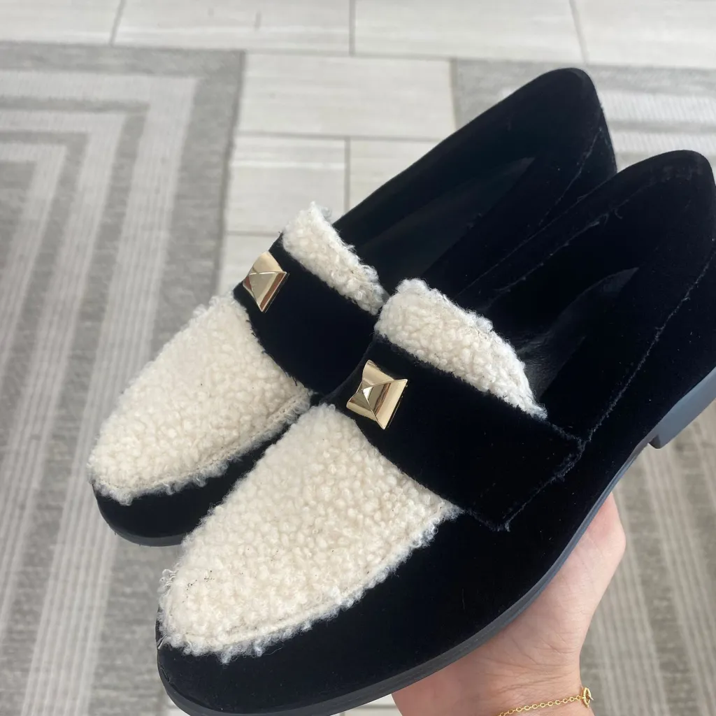 BluBlonc Black Velvet and Shearling Stud Loafer Clearance