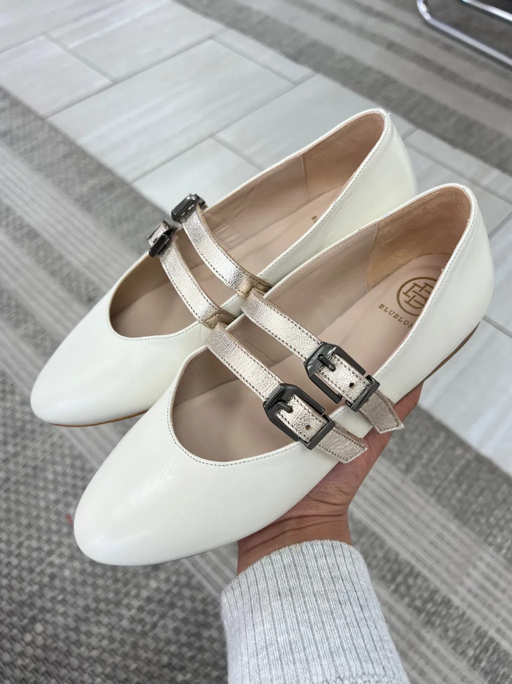 BluBlonc Ivory Champagne Double Strap Mary Jane Sale