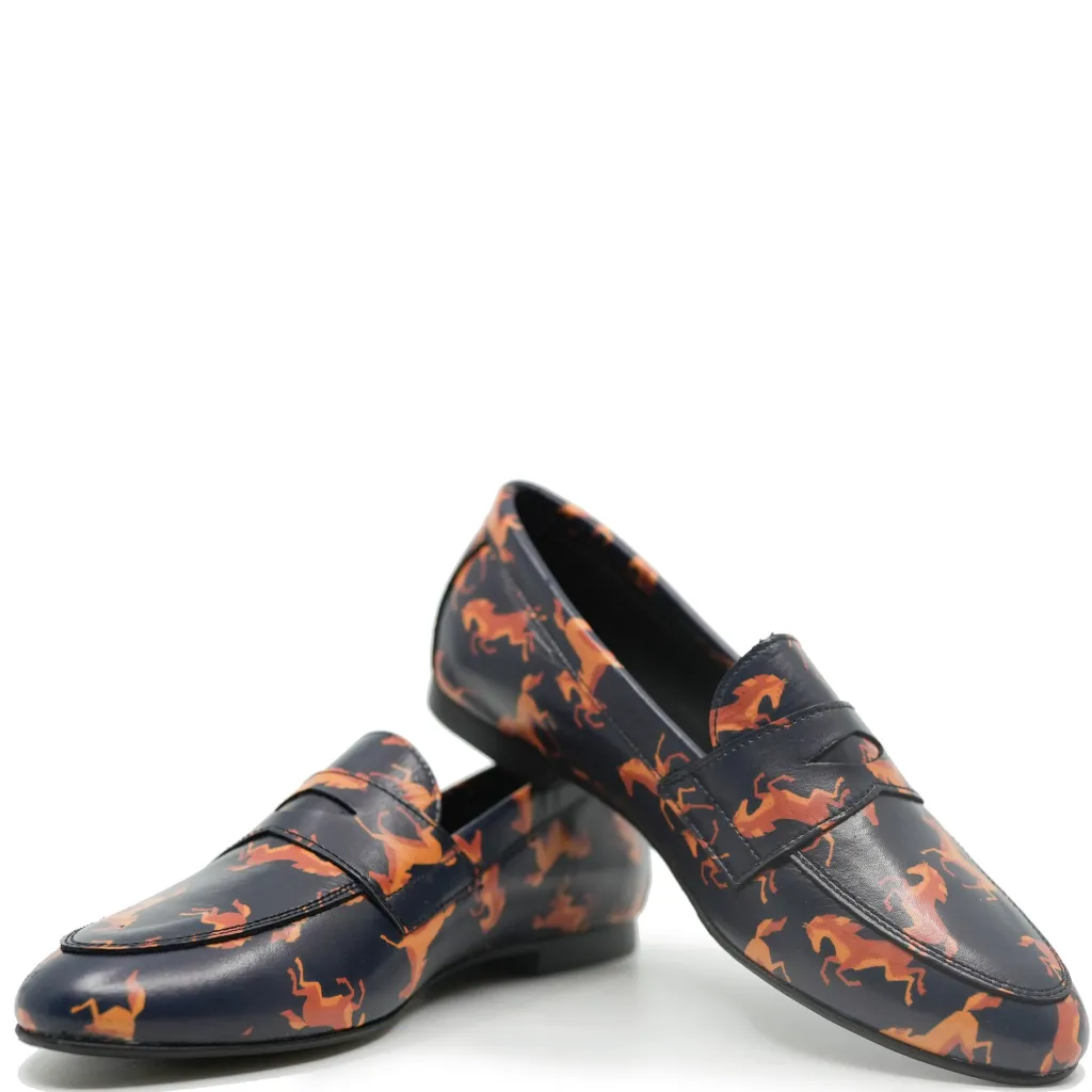 BluBlonc Navy Horse Printed Penny Loafer Discount
