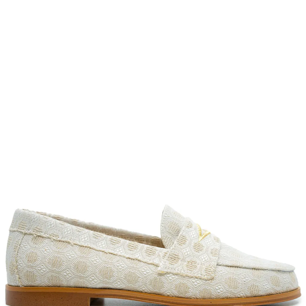 BluBlonc Taupe And White Embroidered Penny Loafer Fashion