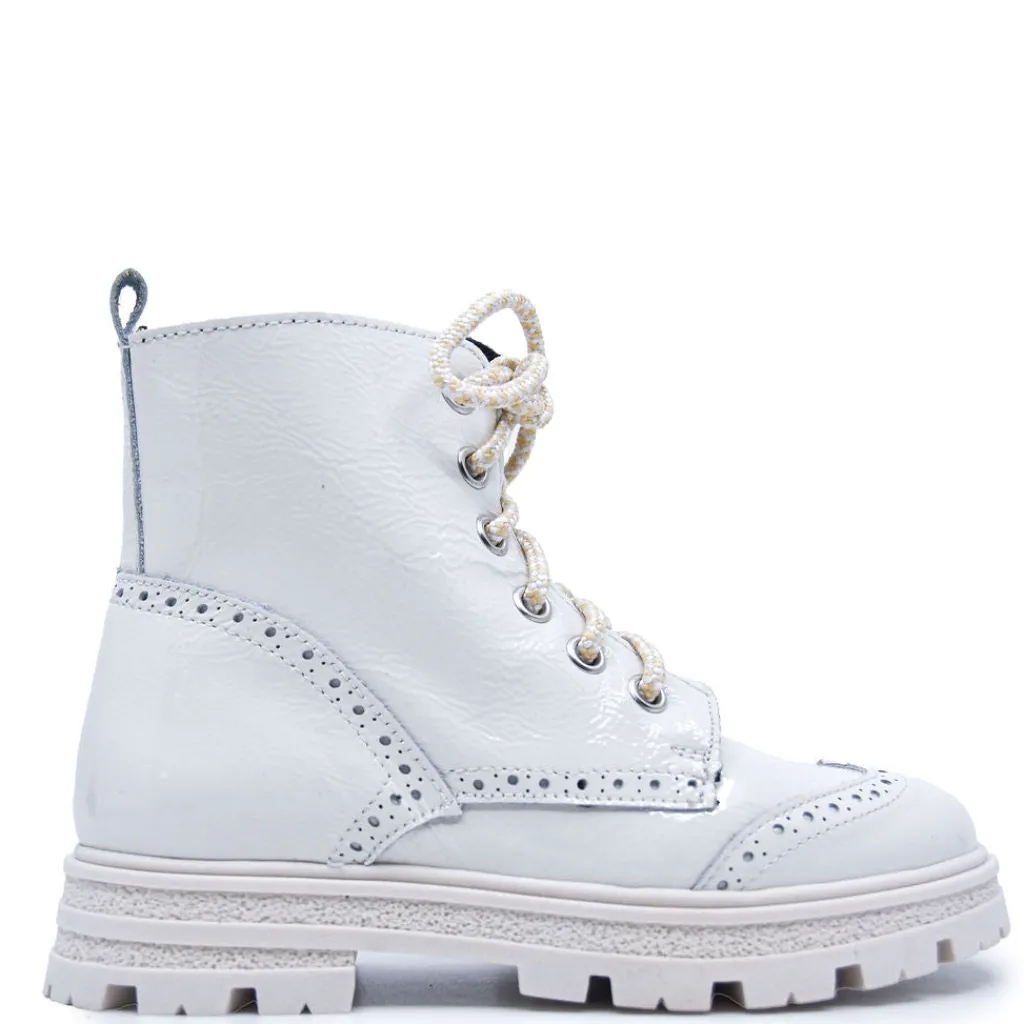 BluBlonc Winter White Patent Wingtip Bootie Best