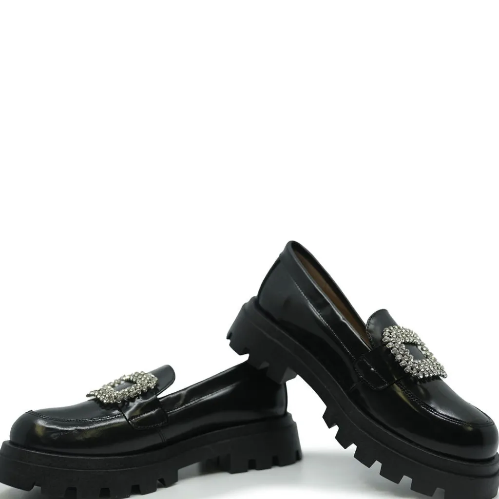 Confetti Black Leather Embellished Buckle Loafer Online