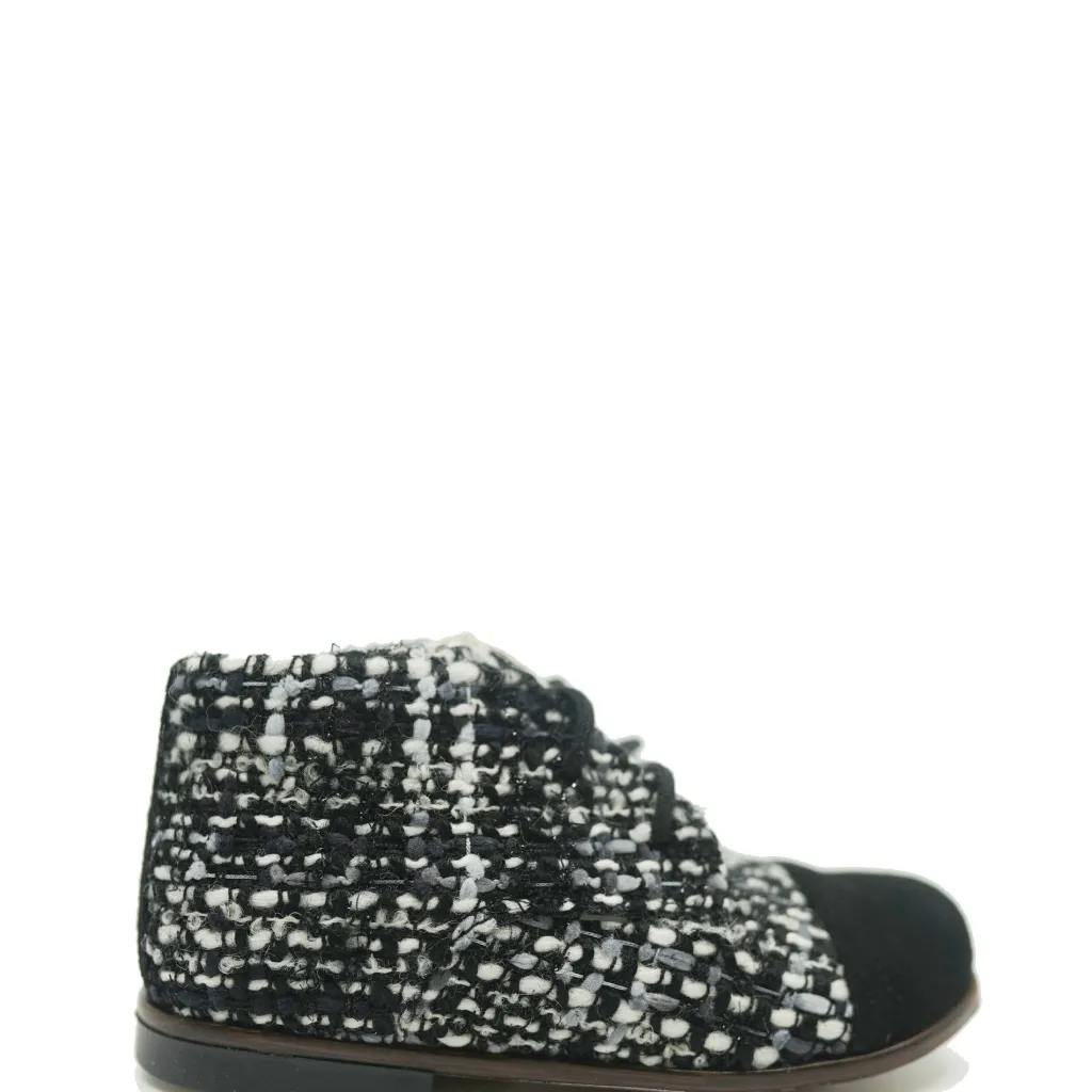 Emel Black and White Tweed Captoe Baby Bootie Outlet
