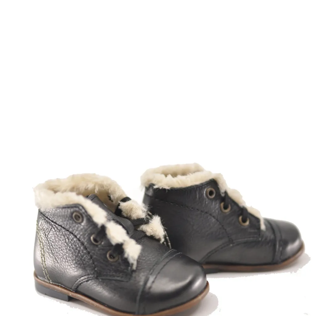 Emel Black Leather Fur Trim Baby Bootie Clearance