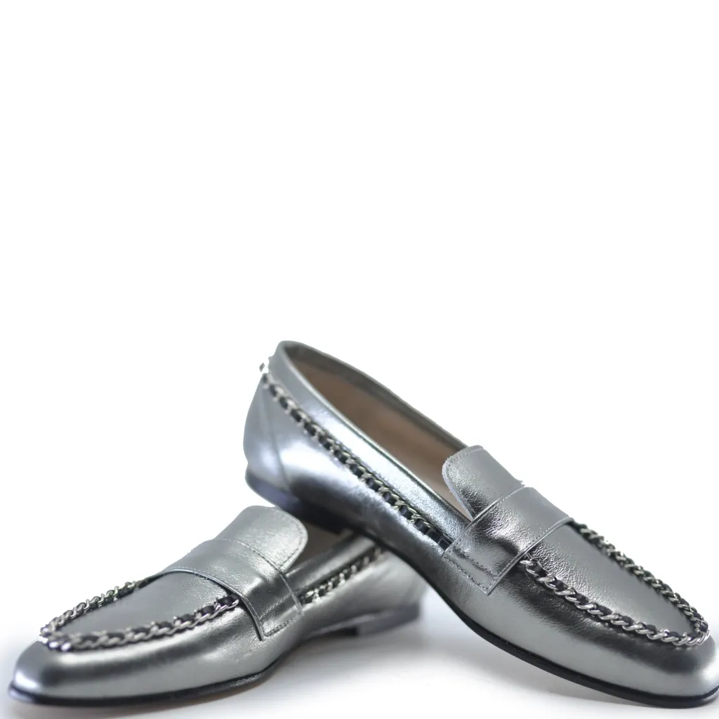 Hoo Pewter Metallic Chain Loafer New