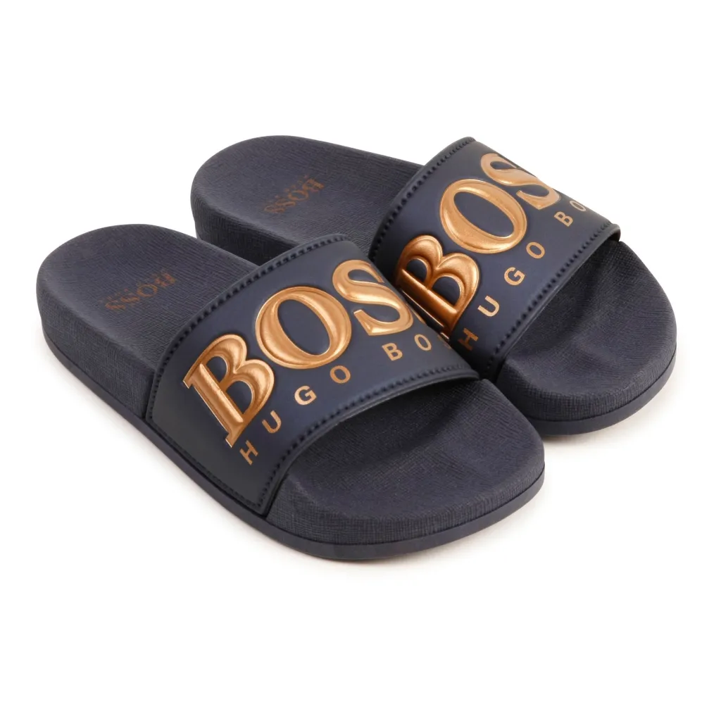 HUGO BOSS Navy and Gold Logo Slides Discount