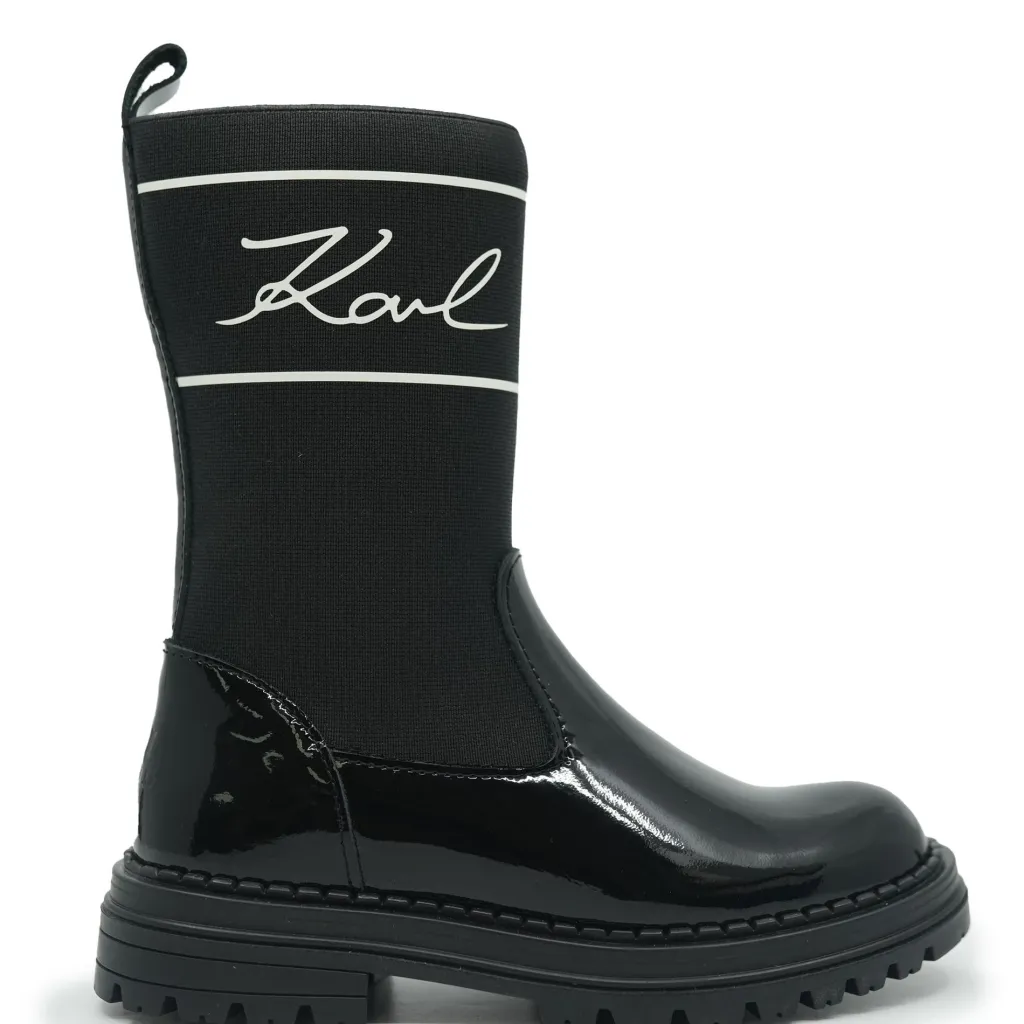 Karl Lagerfeld Black Patent and Elastic Logo Boot Fashion