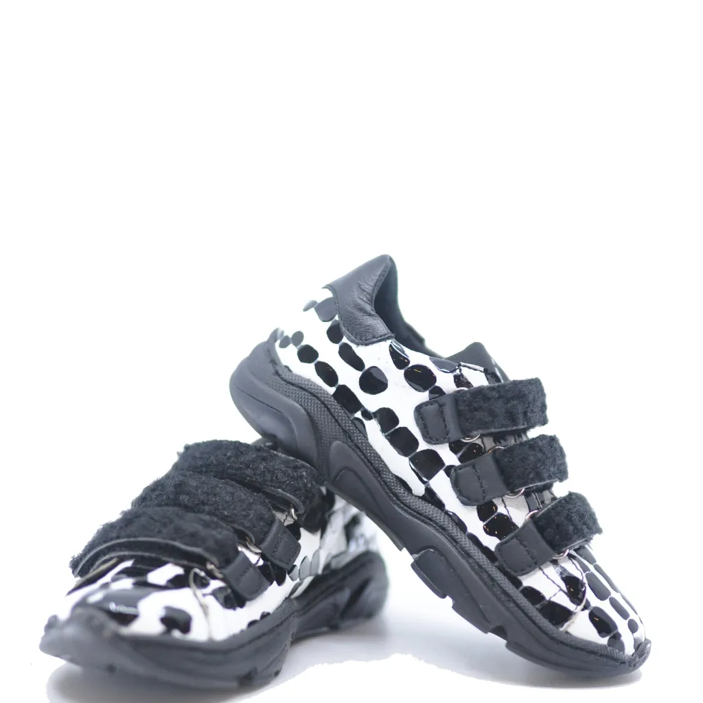 MAA White and Black Fur Straps Velcro Sneaker Clearance