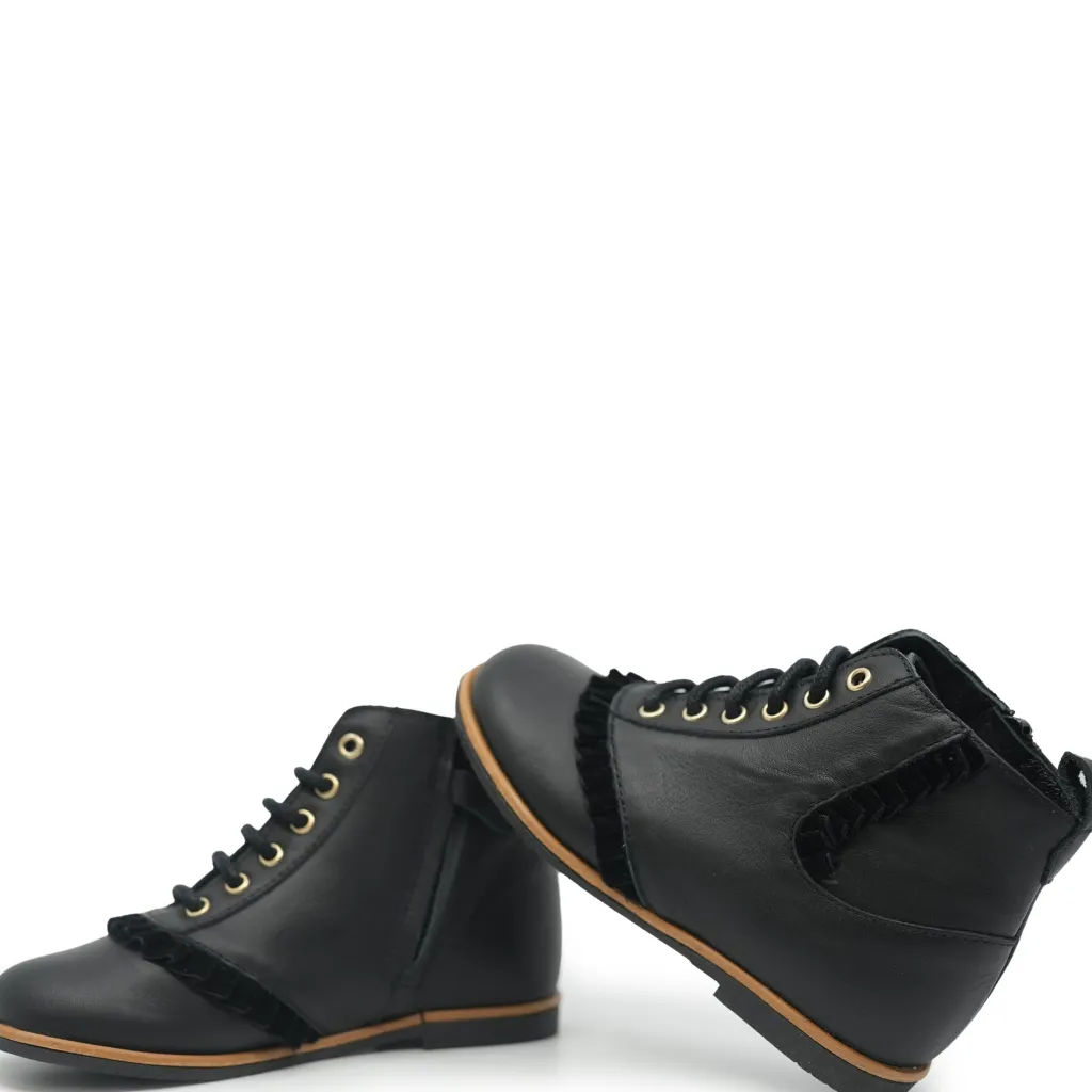 Manuela De Juan Manuela Black Leather Ruffle Bootie Outlet