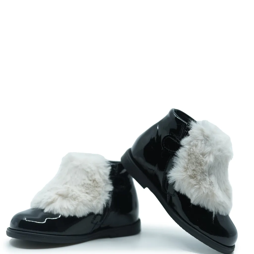 Manuela De Juan Manuela Black Patent and White Fur Baby Bootie Clearance