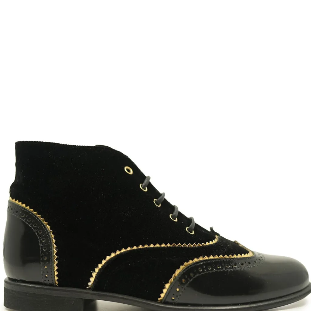 Manuela De Juan Manuela Black Velvet and Gold Wingtip Bootie Outlet