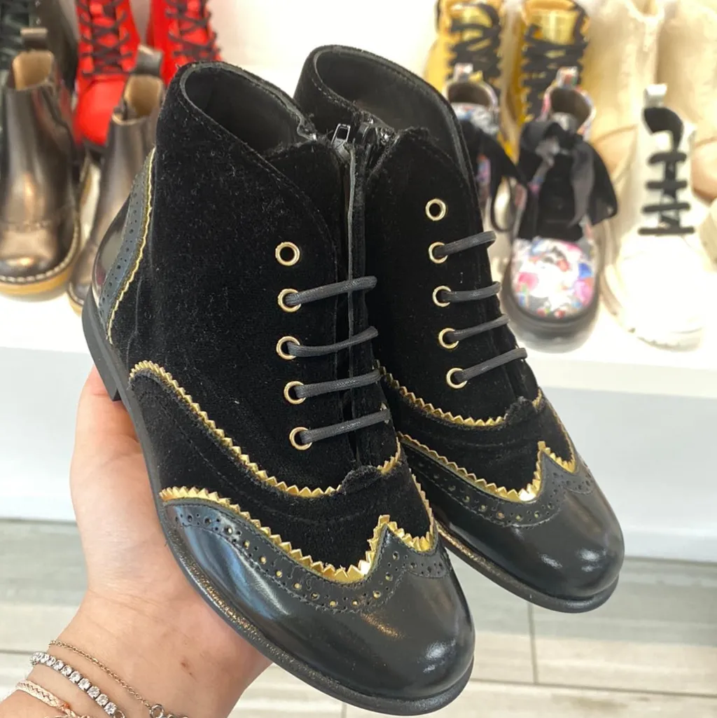 Manuela De Juan Manuela Black Velvet and Gold Wingtip Bootie Outlet