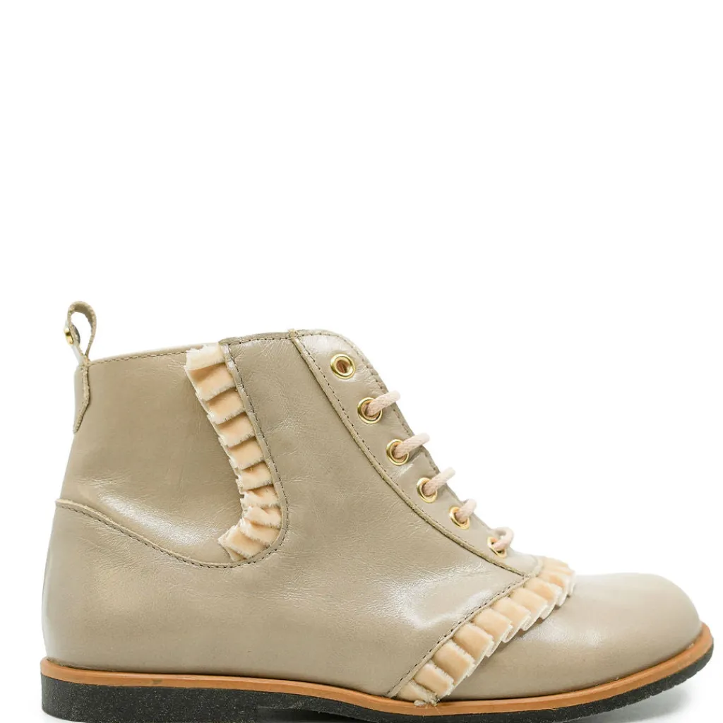 Manuela De Juan Manuela Taupe Ruffle Bootie New