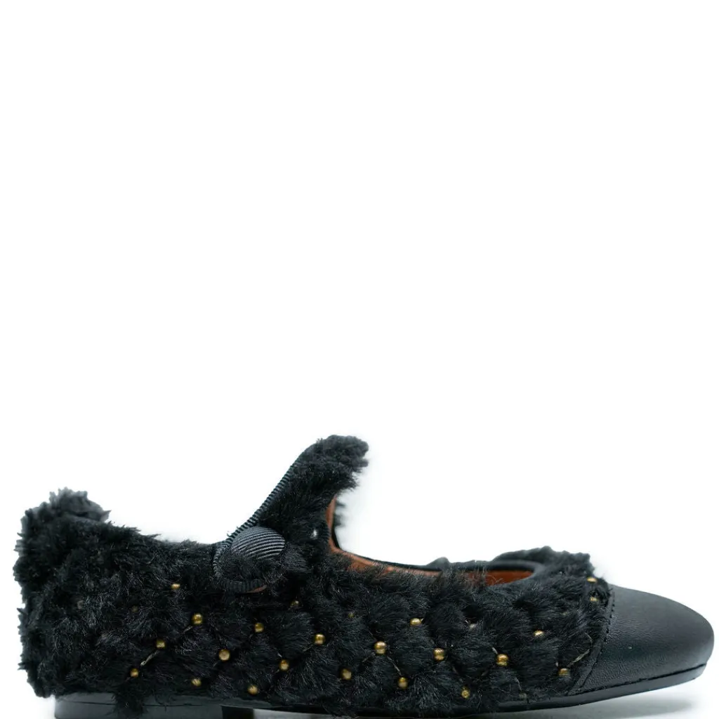 Papanatas Black Fur and Gold Stud Mary Jane Fashion