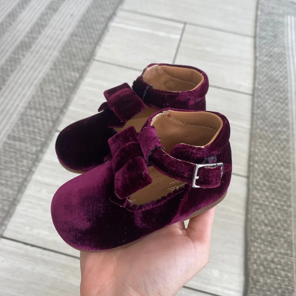 Papanatas Burgundy Velvet Bow Baby Shoe Fashion