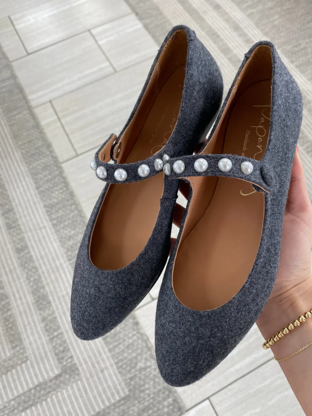 Papanatas Gray Flannel Pearl Pointed Mary Jane Discount
