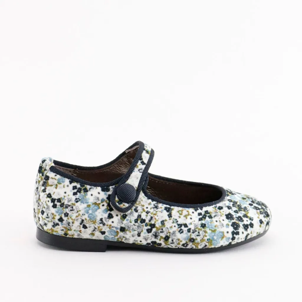 Papanatas Ivory and Blue Floral Velvet Mary Jane Outlet