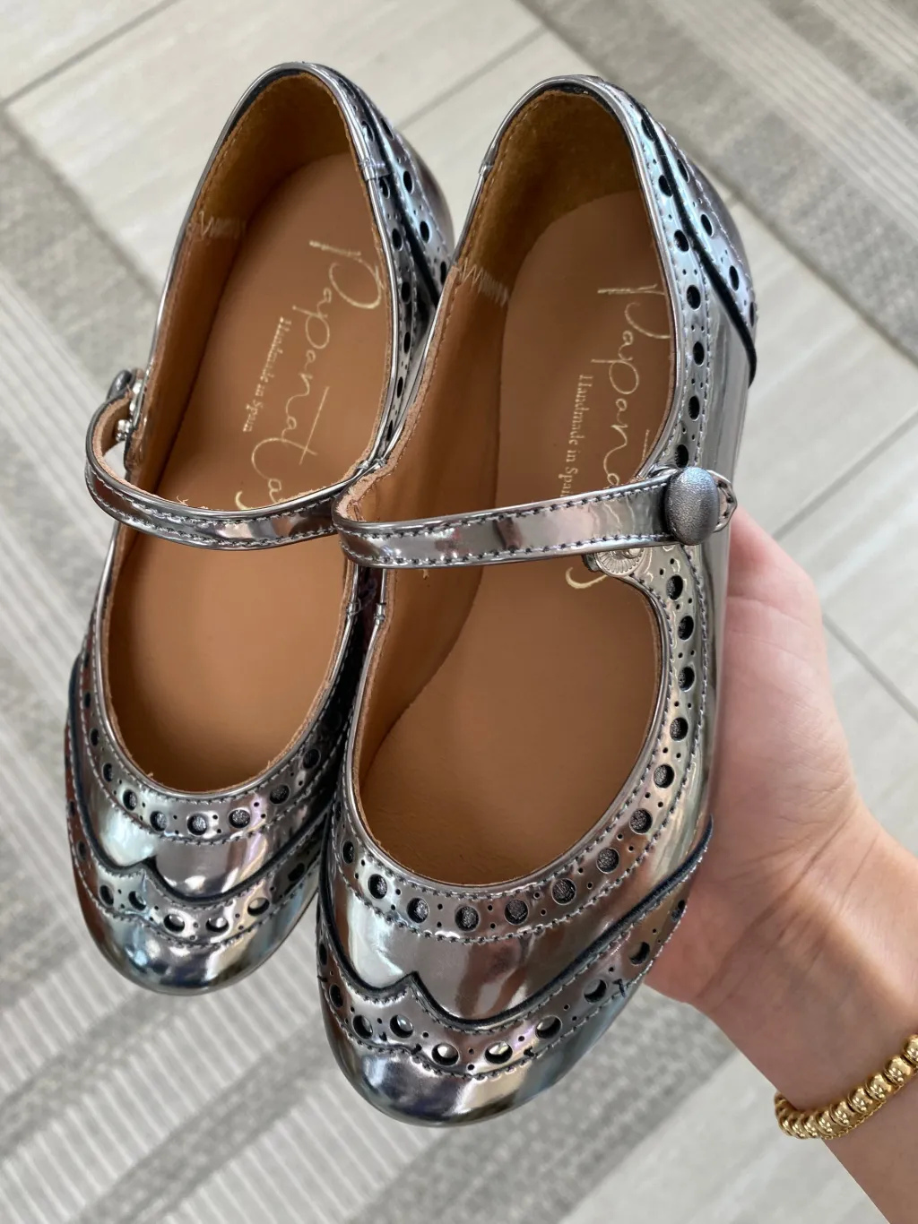 Papanatas Pewter Mirror Wingtip Mary Jane Fashion
