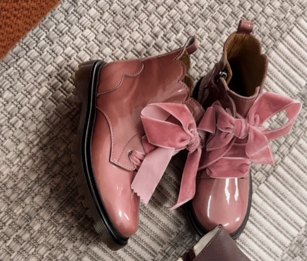Papanatas Pink Patent Scalloped Velvet Lace Bootie Fashion