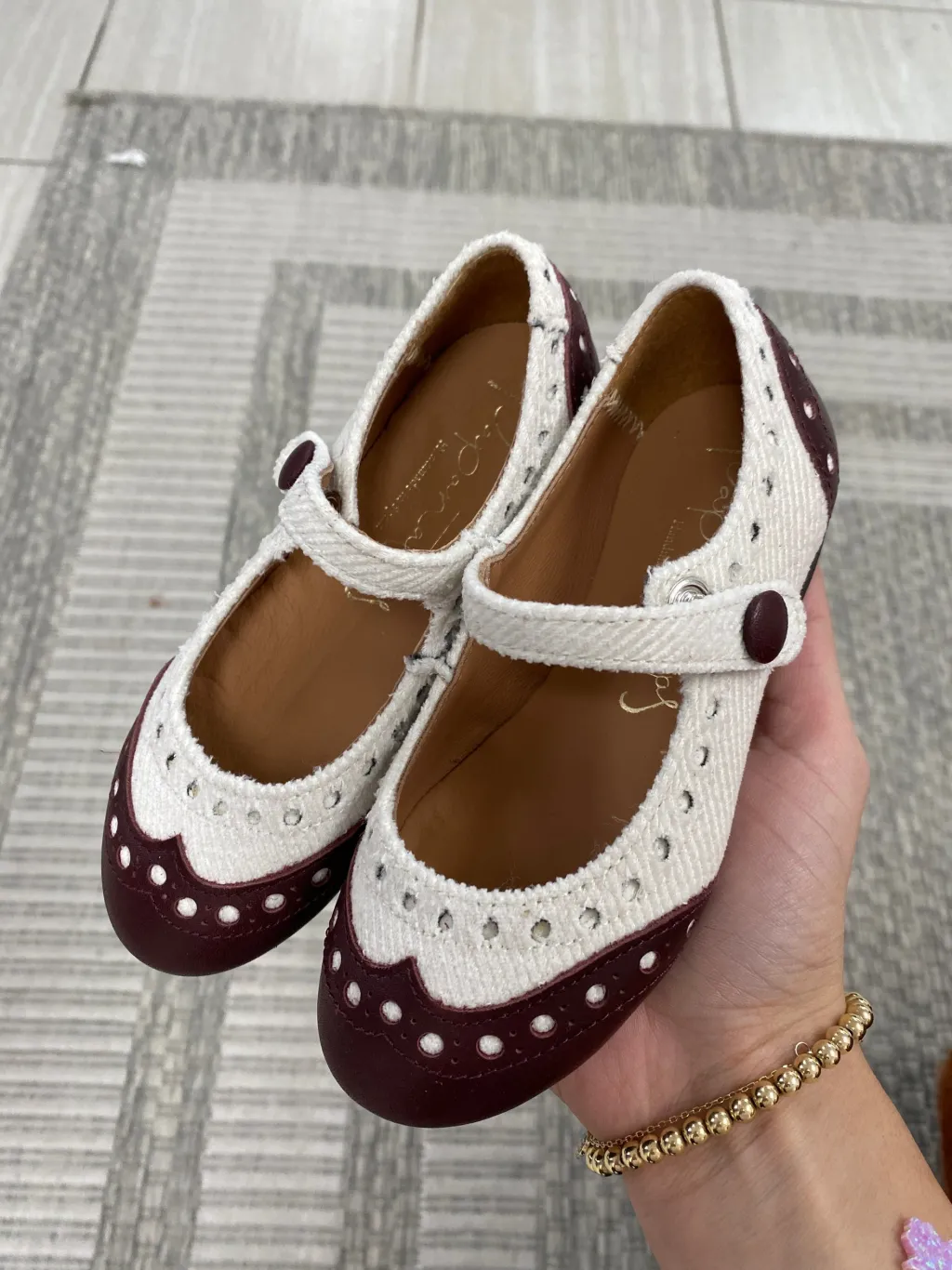 Papanatas White Wool and Burgundy Wingtip Mary Jane Sale