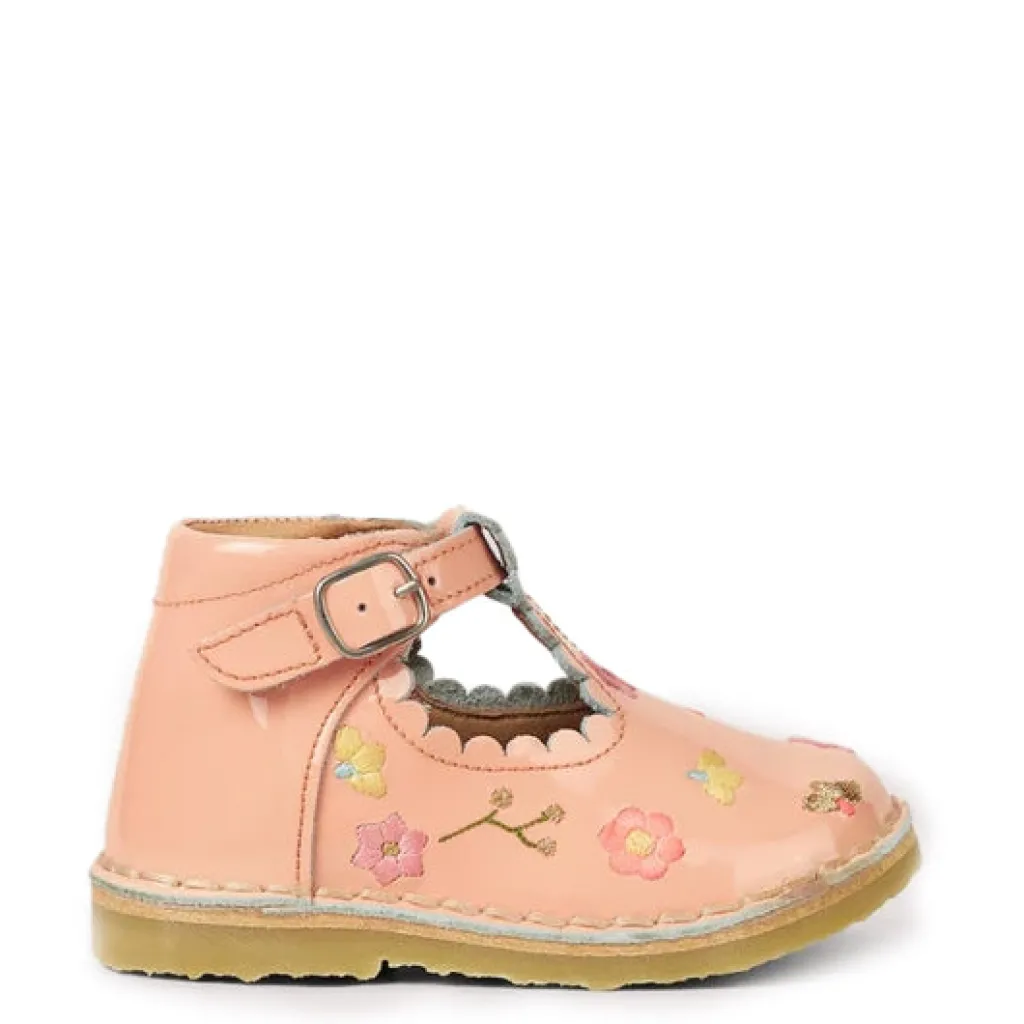 Petit Nord Blush Patent Embroidered T Strap Baby Shoe Discount