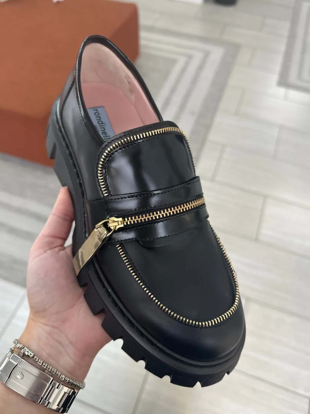 Rondinella Black and Gold Zipper Chunky Loafer Online