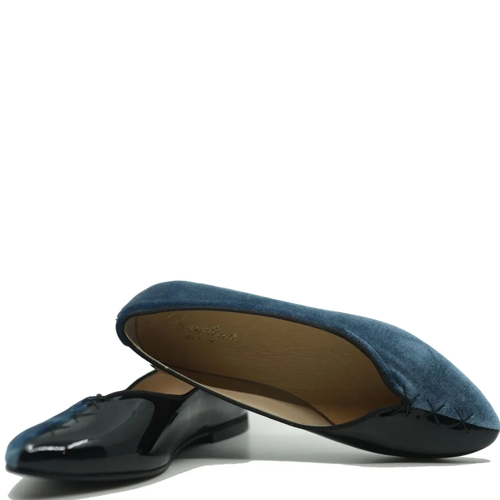 Sonatina Black Patent and Navy Velvet V Flat New