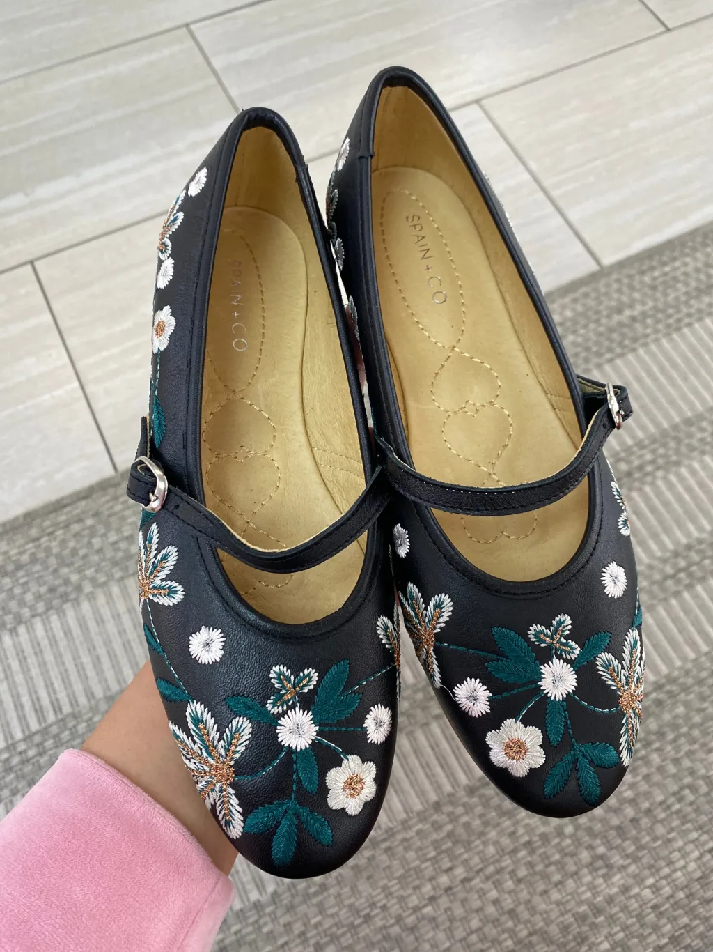 Spain+Co Black Floral Embroidered Strap Flat Best