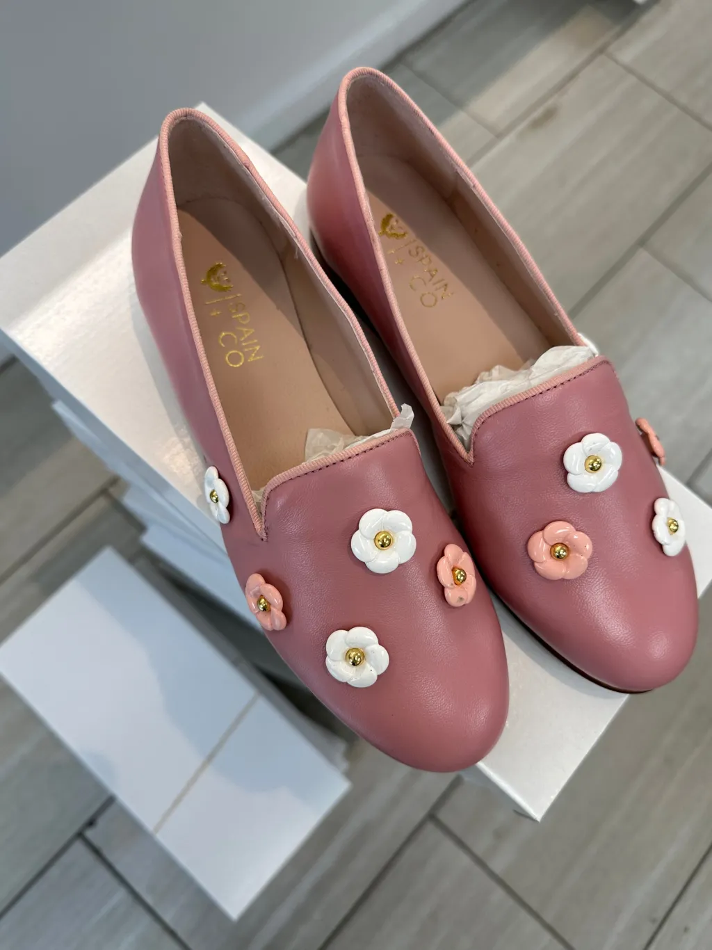 Spain+Co Pink Flower Smoking Loafer New